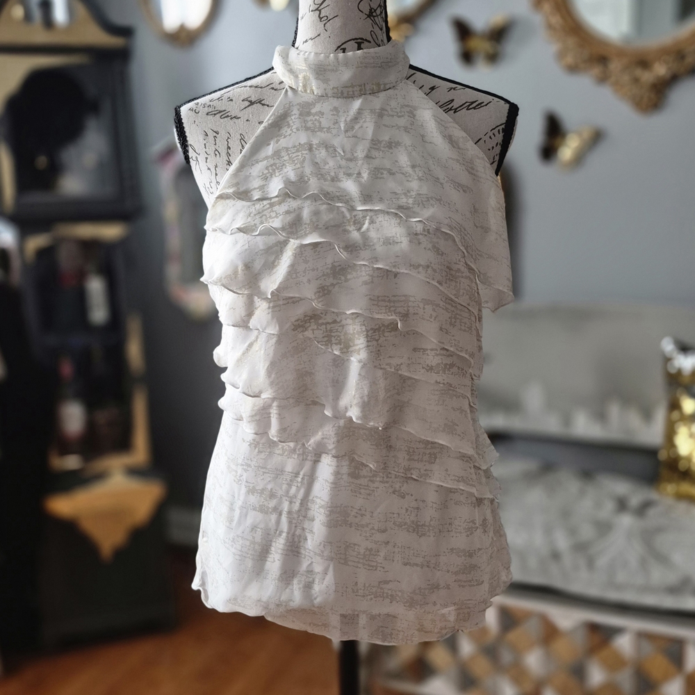 Bwear White Ruffled Halter Blouse with Gold Accents Small